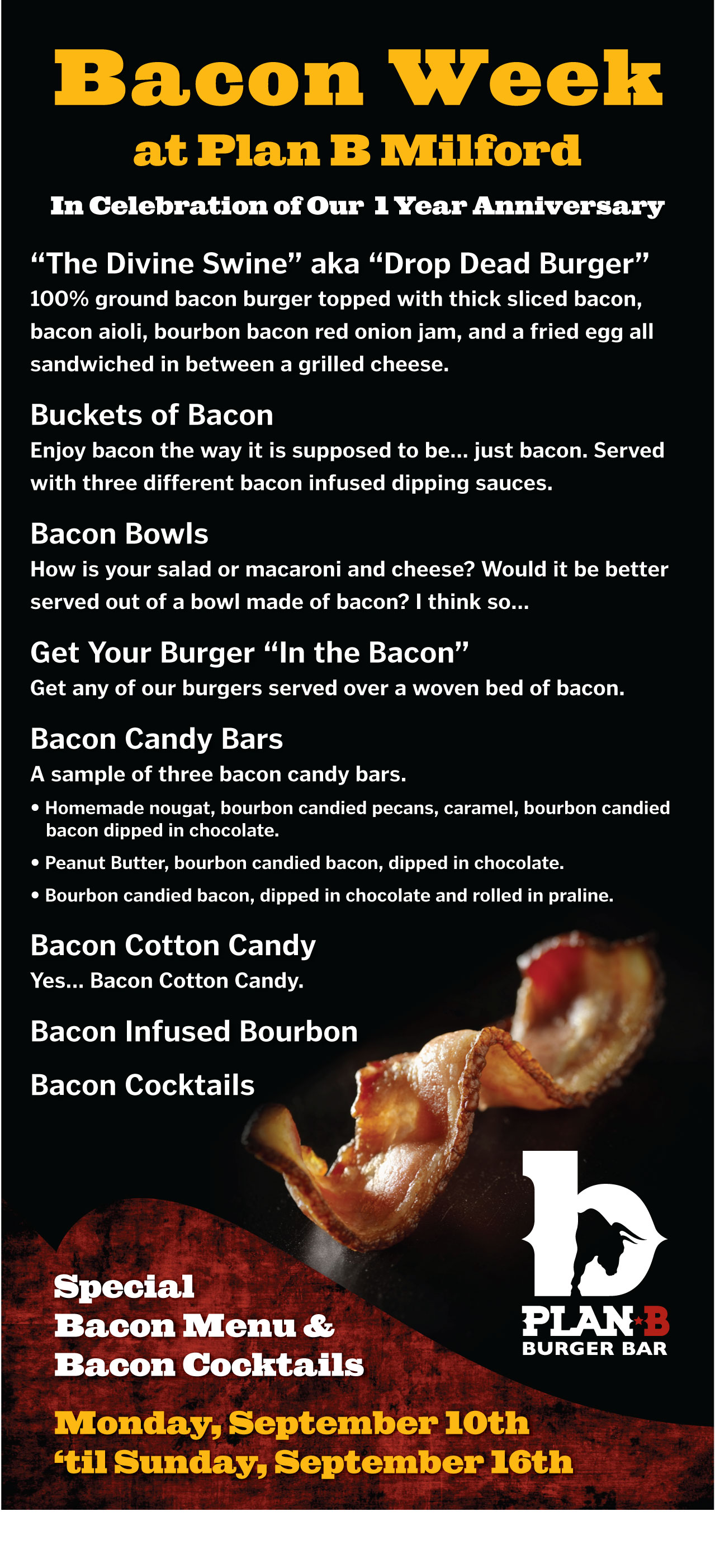 Plan B In Milford Celebrates First Year Anniversary With Special Bacon Menu During Week Of September 10th